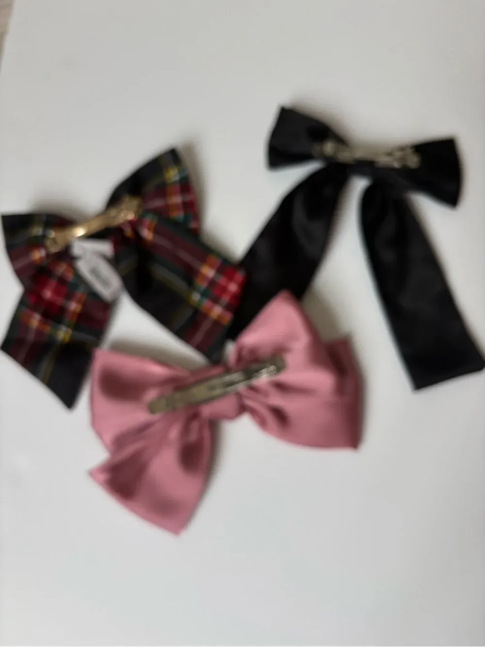 J. Crew Handmade Kids Bow Trio - Pink Satin, Black Satin & Tartan Pearl